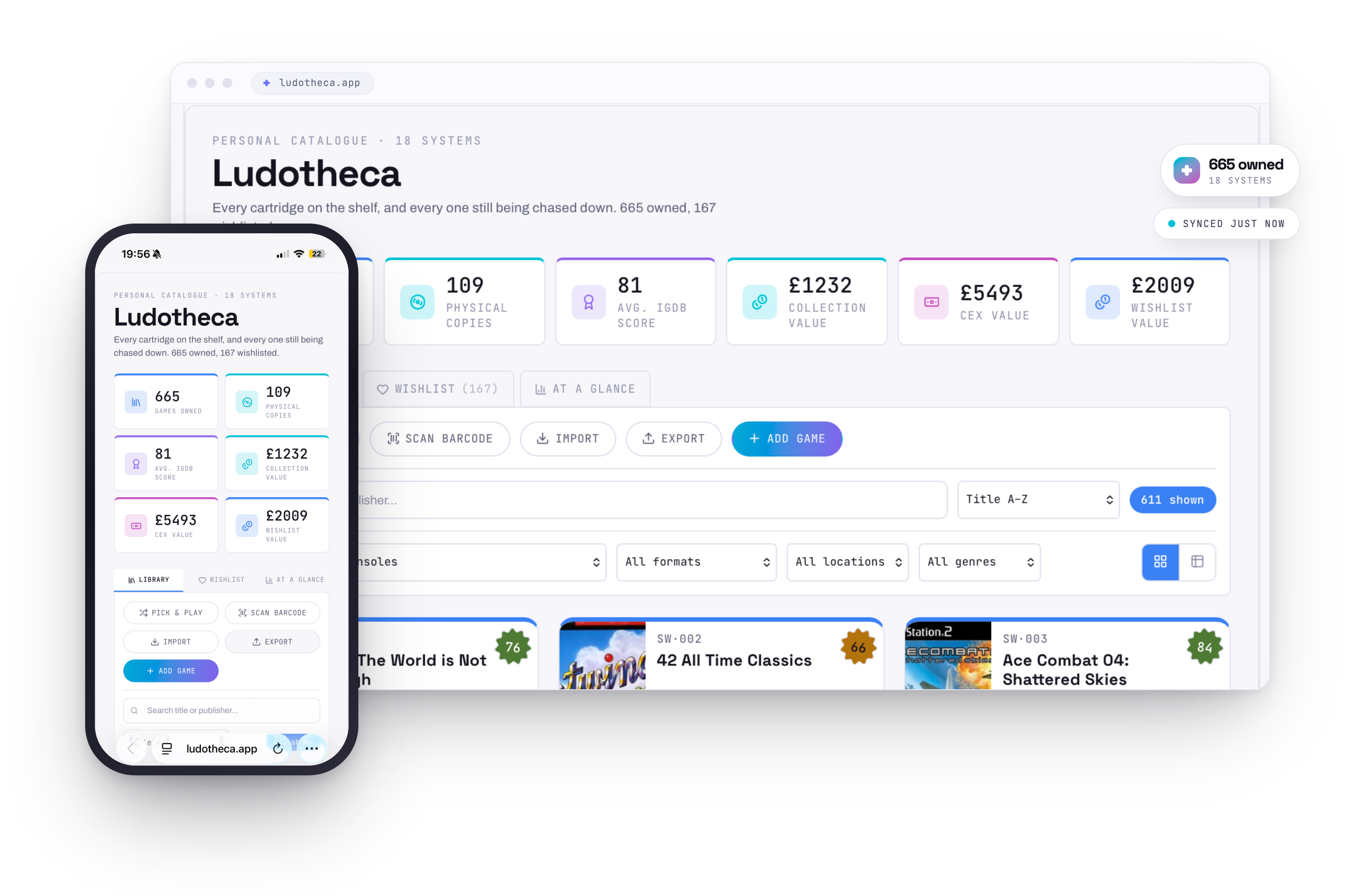 Ludotheca's library shown on desktop and mobile
